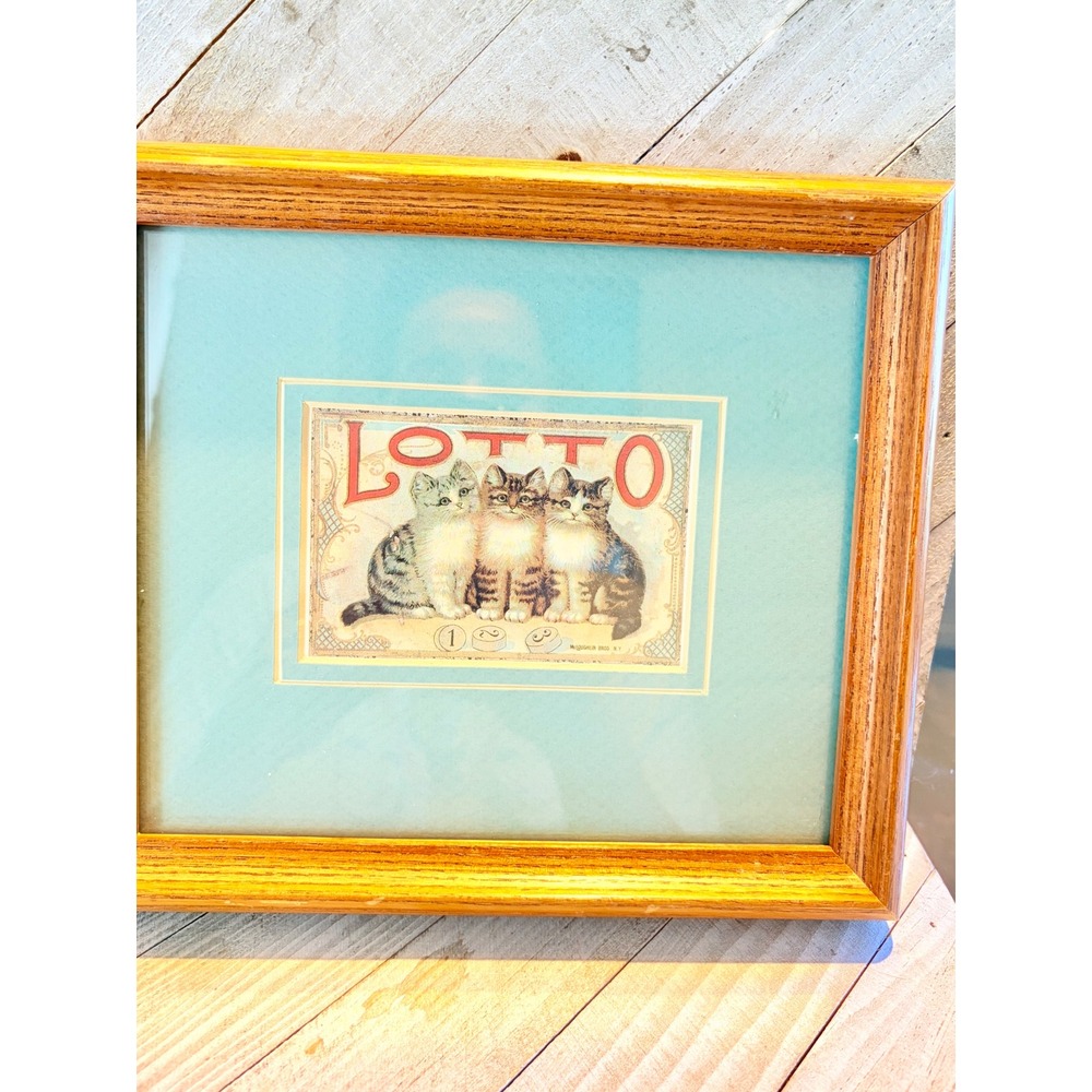 Vintage Lotto Kittens Framed Art Print McLoughlin Bros Wood Frame Cat Decor